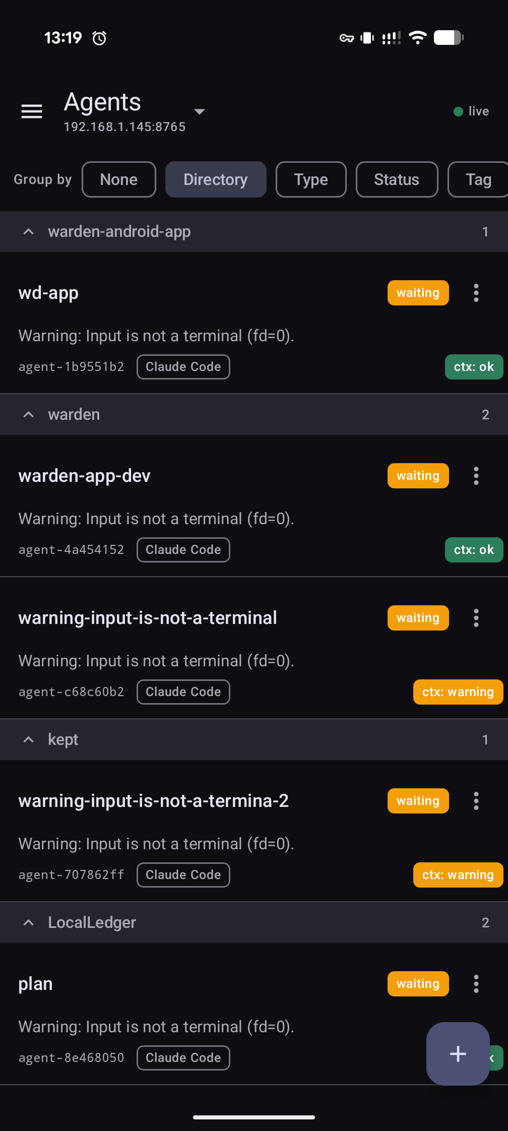 warden Android app — live agent list grouped by directory