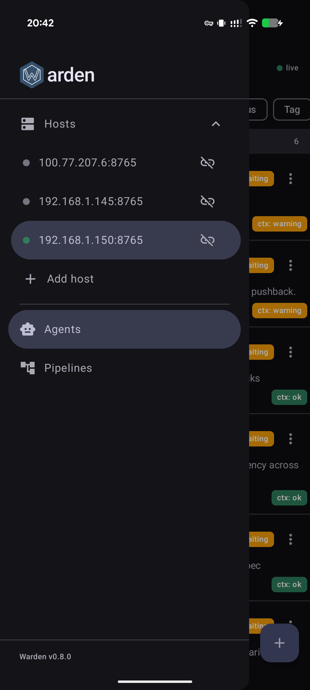 warden Android app — host picker and navigation