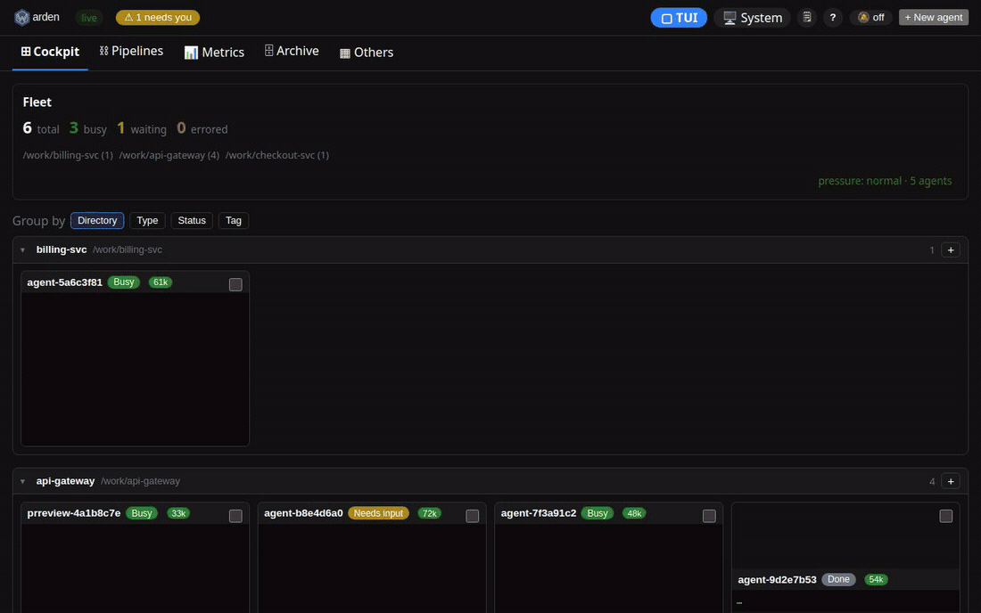 The warden web dashboard: the Cockpit home, then the Metrics tab with per-agent and fleet-total CPU/memory charts