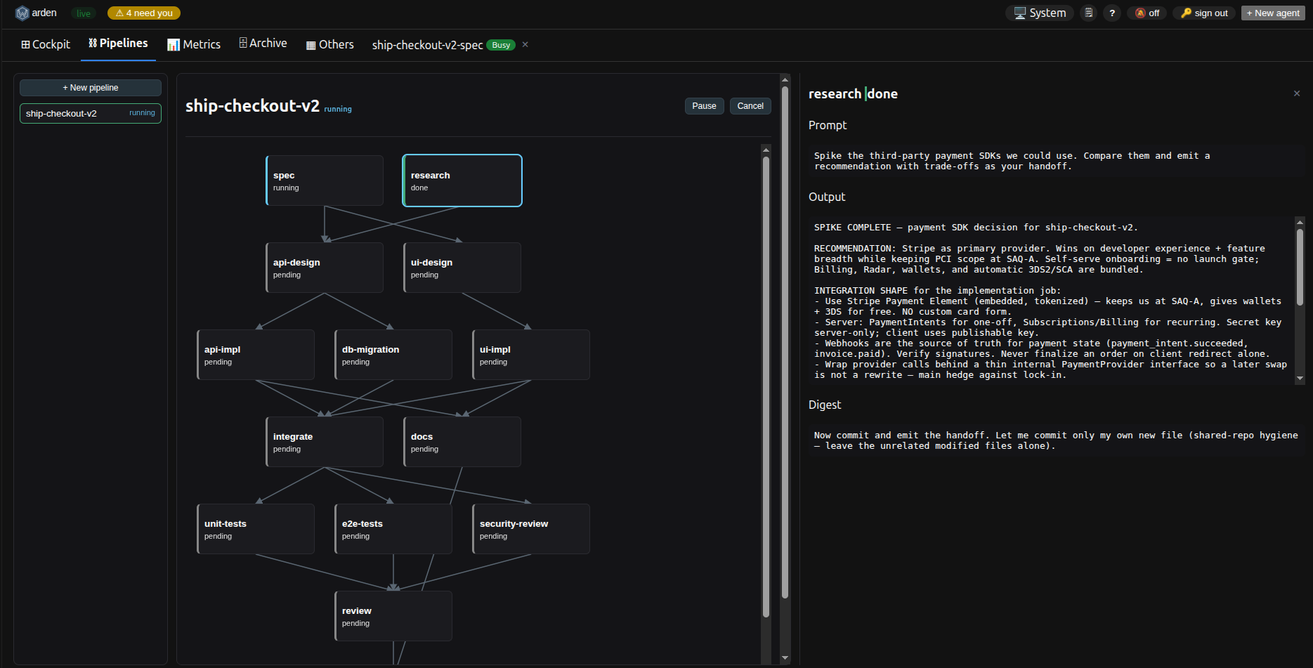 The web pipeline view with a completed job selected: a side drawer shows the job's Prompt, its emitted Output, and the completion Digest.
